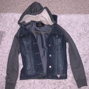 Jean jacket with grey hood, size XS